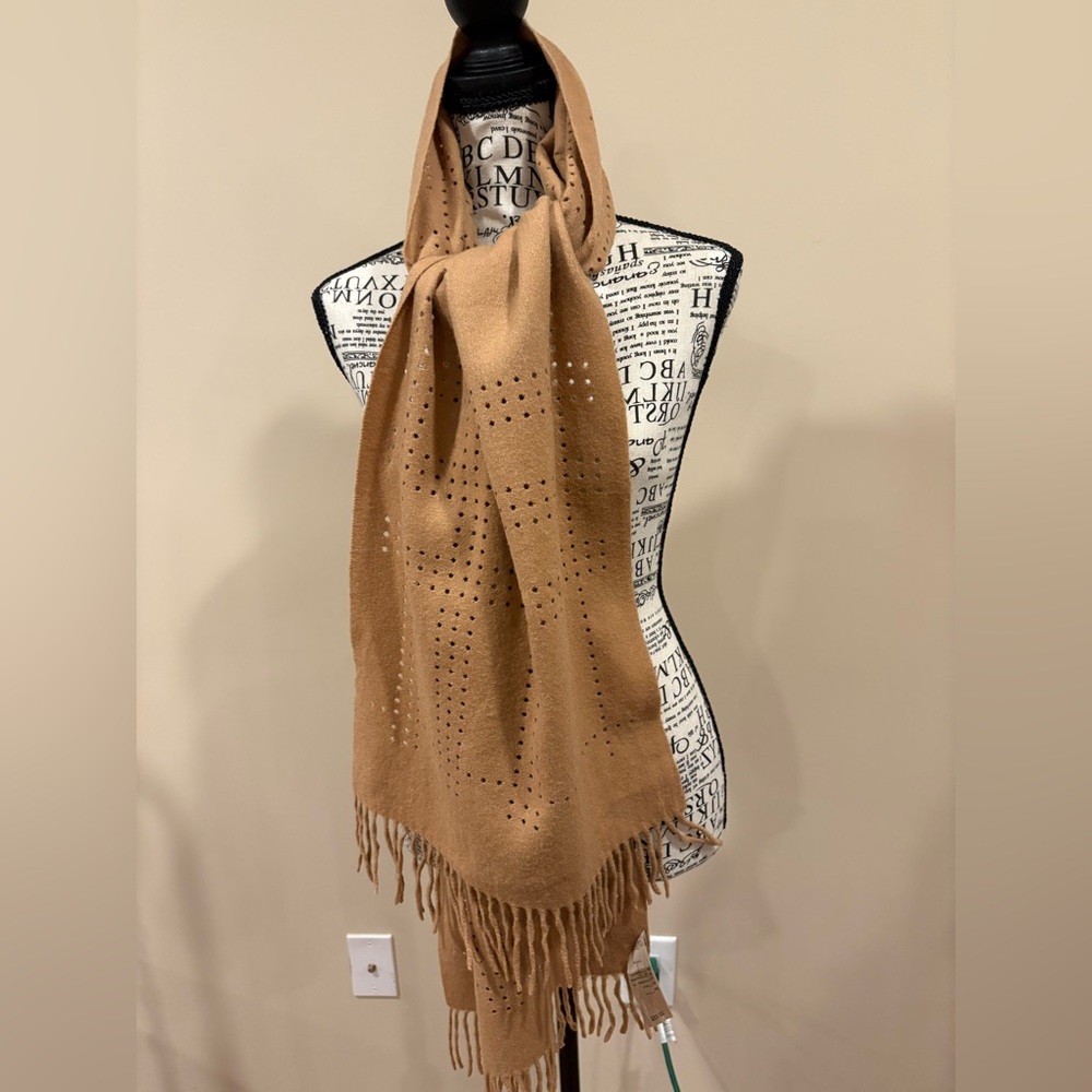 Burberry Cashmere Wool Perforated  Camel Scarf